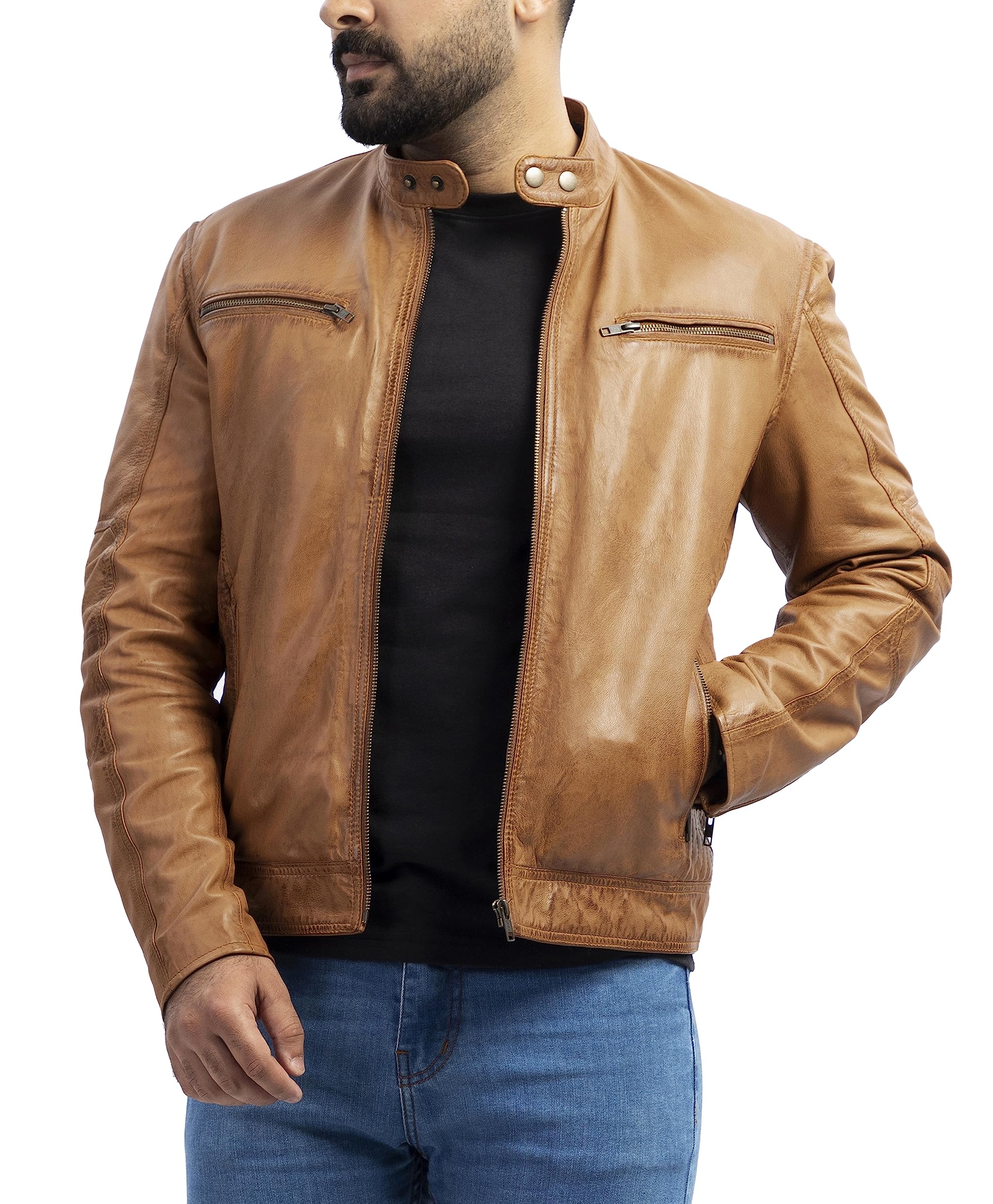 SHOP OF JACKETS LIMITED Mens Real Leather Jacket Brown Tan Biker